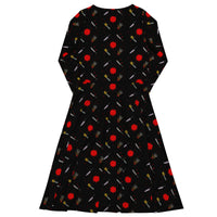 Classic Horror Weapons pattern on women's long-sleeve midi dress, back view