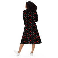 Classic Horror Weapons pattern on women's long-sleeve midi dress, back view