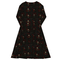 Skulls Bats Roses & Ravens pattern on women's long-sleeve midi dress, back view