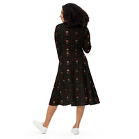 Skulls Bats Roses & Ravens pattern on women's long-sleeve midi dress, back view