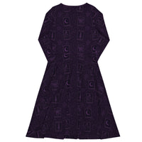 Purple Tarot Cards pattern on women's long-sleeve midi dress, back view