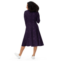 Purple Tarot Cards pattern on women's long-sleeve midi dress, back view