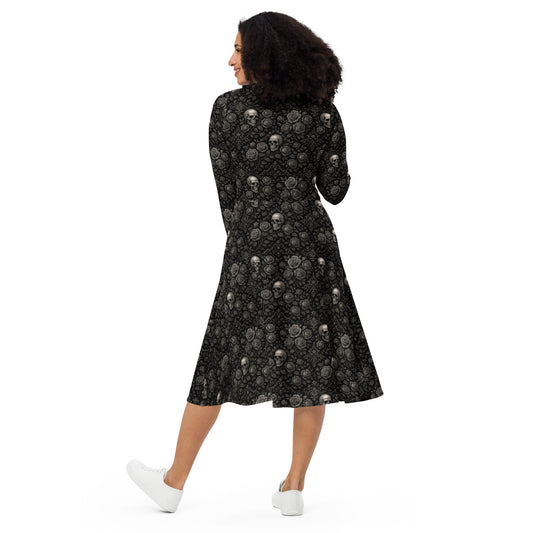 Skulls & Roses pattern on women's long-sleeve midi dress, back view