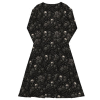 Skulls & Roses pattern on women's long-sleeve midi dress, back view