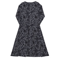 Black Rose Lace pattern on women's long-sleeve midi dress, back view