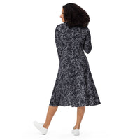 Black Rose Lace pattern on women's long-sleeve midi dress, back view