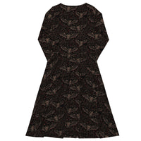Vampire Bat Skeletons pattern on women's long-sleeve midi dress, back view