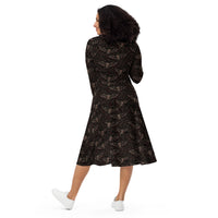 Vampire Bat Skeletons pattern on women's long-sleeve midi dress, back view