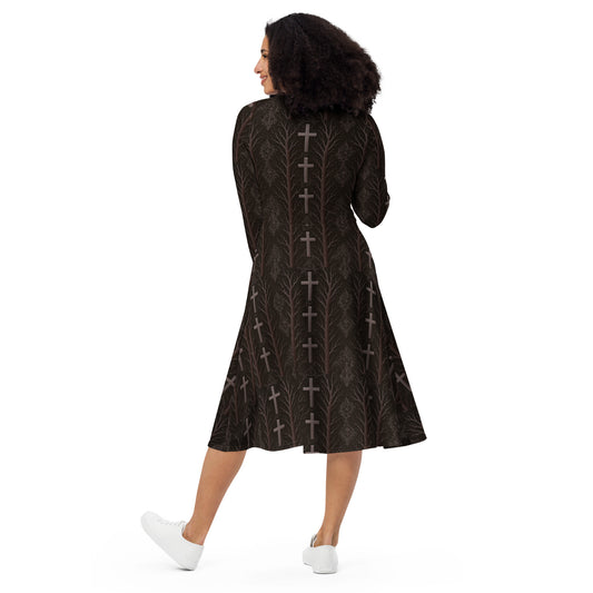 Gothic Cross & Dead Trees pattern on women's long-sleeve midi dress, back view