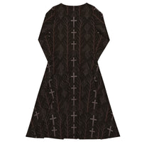 Gothic Cross & Dead Trees pattern on women's long-sleeve midi dress, back view