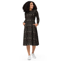 Skulls & Bats Christmas Pattern pattern on women's long-sleeve midi dress, front view