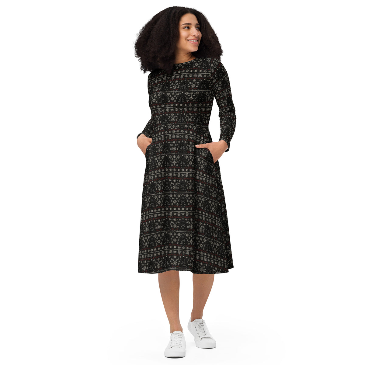 Gothic Christmas Tree pattern on women's long-sleeve midi dress, front view