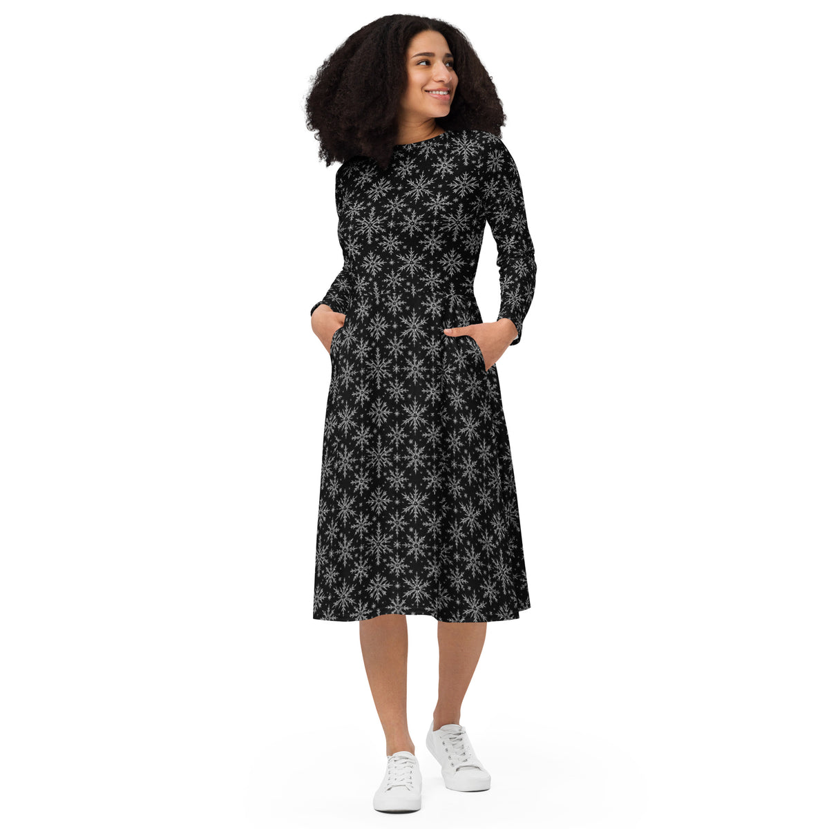 Gothic Snowflakes pattern on women's long-sleeve midi dress, front view