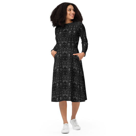 Baby Krampus Christmas Pattern pattern on women's long-sleeve midi dress, front view
