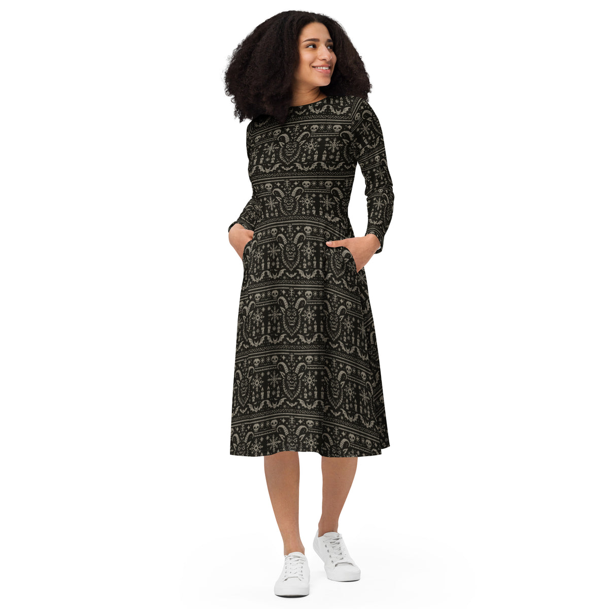 Krampus Christmas Pattern pattern on women's long-sleeve midi dress, front view