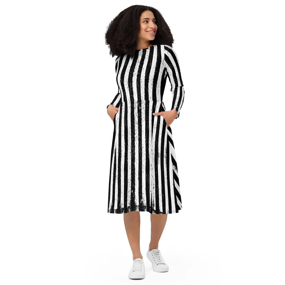 Distressed Vertical Stripes pattern on women's long-sleeve midi dress, front view