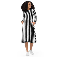 Distressed Vertical Stripes pattern on women's long-sleeve midi dress, front view