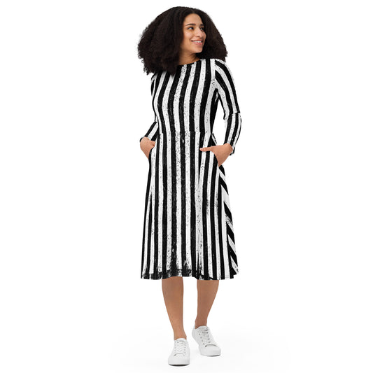 Distressed Vertical Stripes pattern on women's long-sleeve midi dress, front view