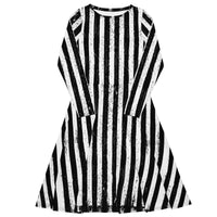 Distressed Vertical Stripes pattern on women's long-sleeve midi dress, front view