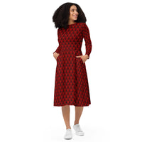 Red Haunted Mansion pattern on women's long-sleeve midi dress, front view
