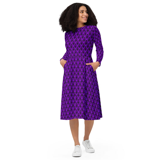 Purple Haunted Mansion pattern on women's long-sleeve midi dress, front view