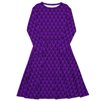 Purple Haunted Mansion pattern on women's long-sleeve midi dress, front view