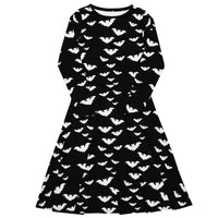 Flying Vampire Bats pattern on women's long-sleeve midi dress, front view