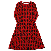Red Krampus pattern on women's long-sleeve midi dress, front view
