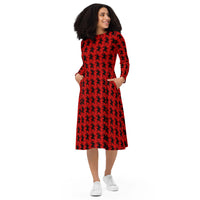 Red Krampus pattern on women's long-sleeve midi dress, front view
