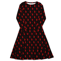 Black Krampus pattern on women's long-sleeve midi dress, front view
