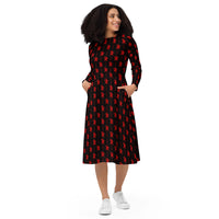 Black Krampus pattern on women's long-sleeve midi dress, front view