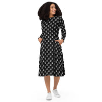 Devil Horns Bone Hands pattern on women's long-sleeve midi dress, front view
