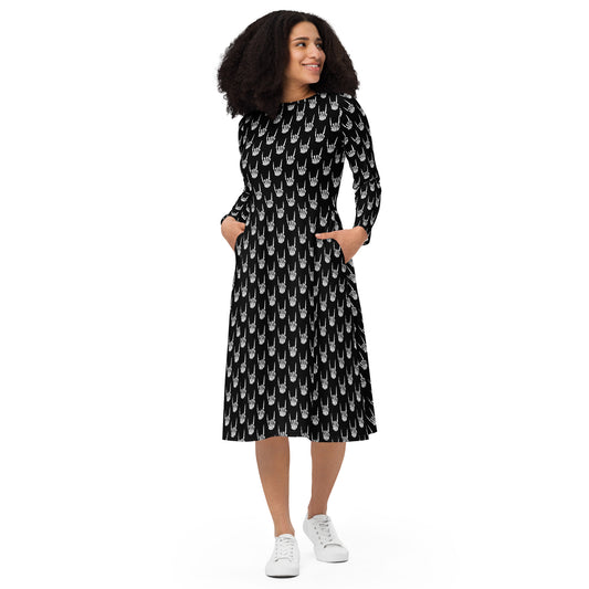 Devil Horns Bone Hands pattern on women's long-sleeve midi dress, front view