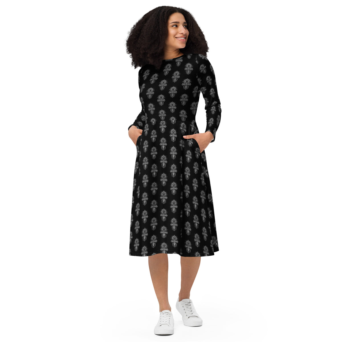 Egyptian Ankh pattern on women's long-sleeve midi dress, front view