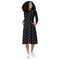 Egyptian Ankh pattern on women's long-sleeve midi dress, front view