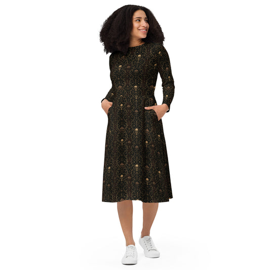 Skull Carnival pattern on women's long-sleeve midi dress, front view