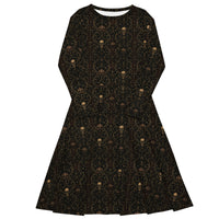 Skull Carnival pattern on women's long-sleeve midi dress, front view