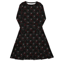 Bloody Skulls & Red Roses pattern on women's long-sleeve midi dress, front view