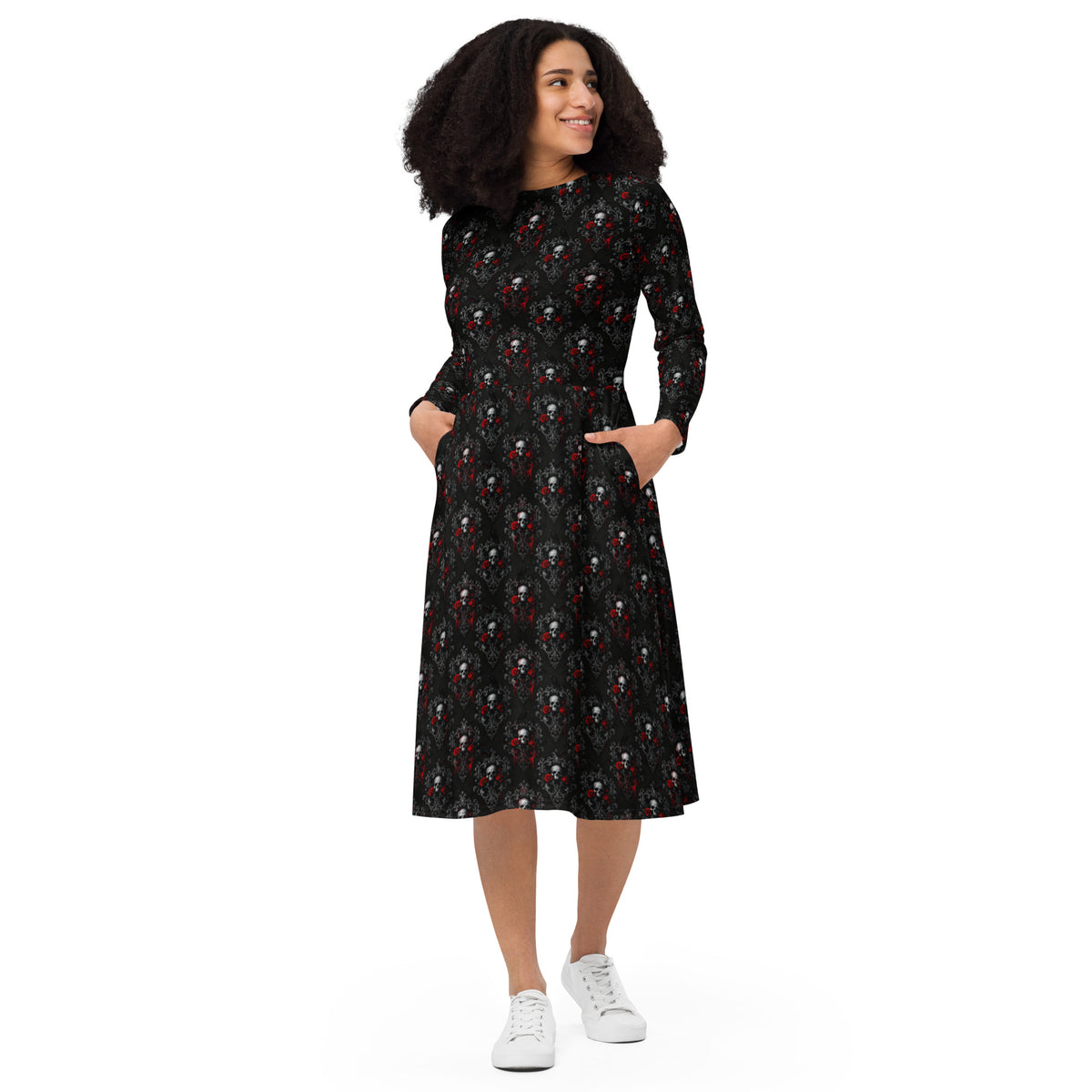 Bloody Skulls & Red Roses pattern on women's long-sleeve midi dress, front view