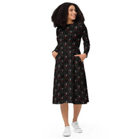 Bloody Skulls & Red Roses pattern on women's long-sleeve midi dress, front view
