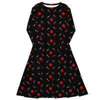Classic Horror Weapons pattern on women's long-sleeve midi dress, front view
