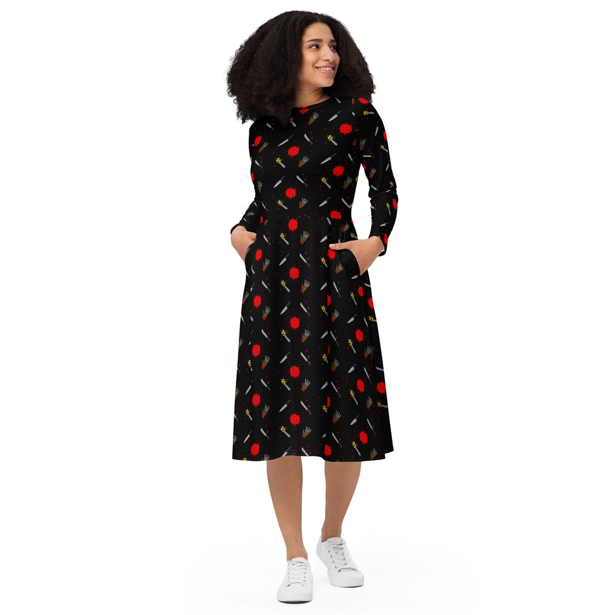 Classic Horror Weapons pattern on women's long-sleeve midi dress, front view