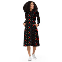 Classic Horror Weapons pattern on women's long-sleeve midi dress, front view