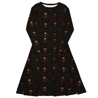 Skulls Bats Roses & Ravens pattern on women's long-sleeve midi dress, front view