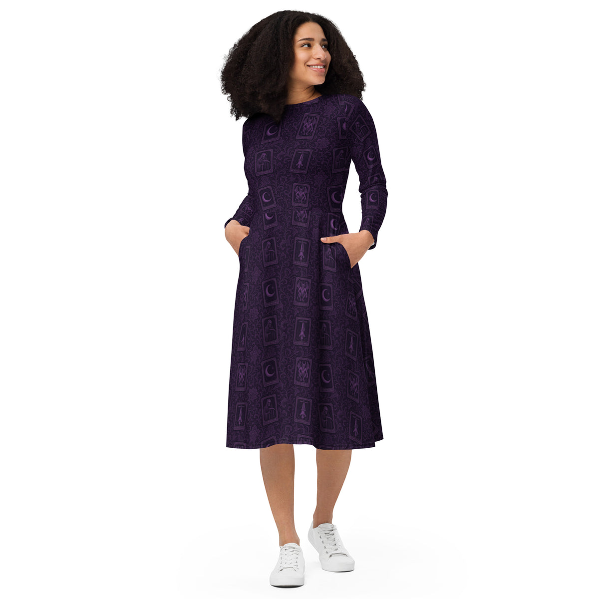 Purple Tarot Cards pattern on women's long-sleeve midi dress, front view