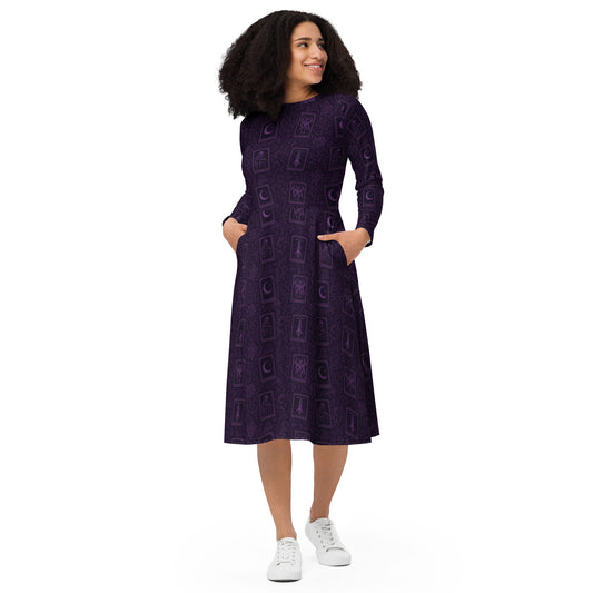 Purple Tarot Cards pattern on women's long-sleeve midi dress, front view