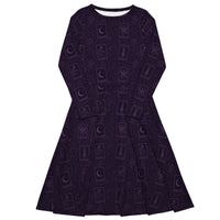 Purple Tarot Cards pattern on women's long-sleeve midi dress, front view