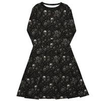 Skulls & Roses pattern on women's long-sleeve midi dress, front view