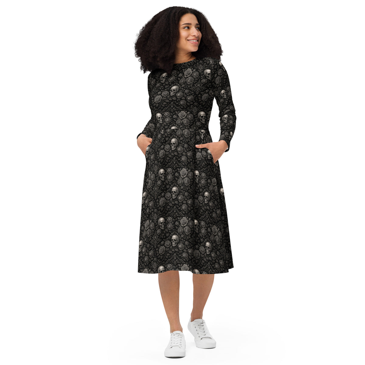Skulls & Roses pattern on women's long-sleeve midi dress, front view