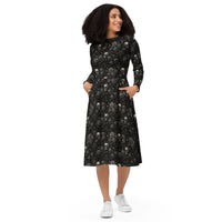 Skulls & Roses pattern on women's long-sleeve midi dress, front view